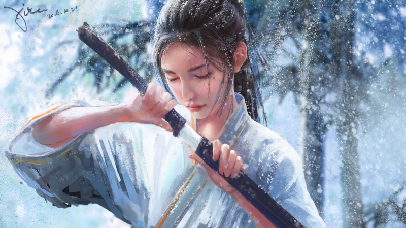 Snowflake, Girl, Snowfall, Woman Warrior, Fantasy, Samurai, 2K