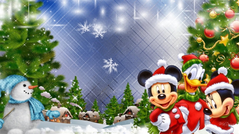 1080P, mickey mouse, snowflakes, christmas, cute, whimsical, village, disney, mickeys, santa suits, snowman, feliz navidad