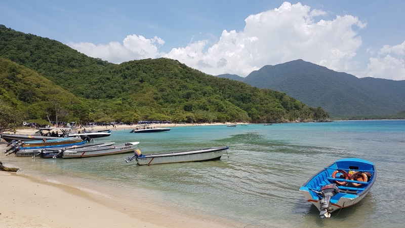 cloud - sky, mode of transportation, land, day, water, sky, tree, beach, moored, 4K, mountain range, colombia, tayrona park, beauty in nature, vacations
