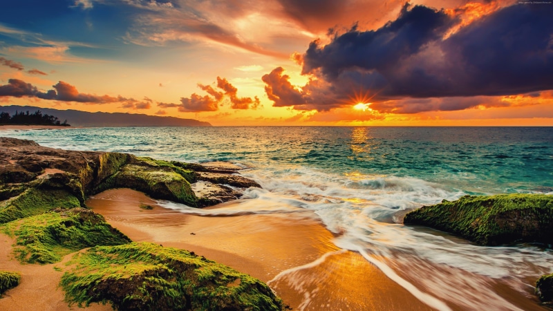 landscape, beach, sea, sunlight, long exposure, 4K, clouds, sunset, nature, panoramas, sky
