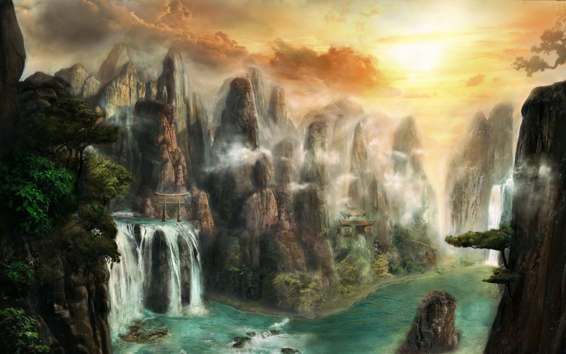 1080P, motion, scenics - nature, power in nature, solid, flowing water, rock - object, plant, water, falling water, waterfall, artwork, Asian architecture