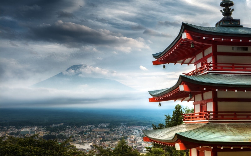 water, red, belief, 2K, cityscape, Japan, Mount Fuji, sky, brown, place of worship, wooden, nature, travel destinations, building, roof, no people, cloud - sky
