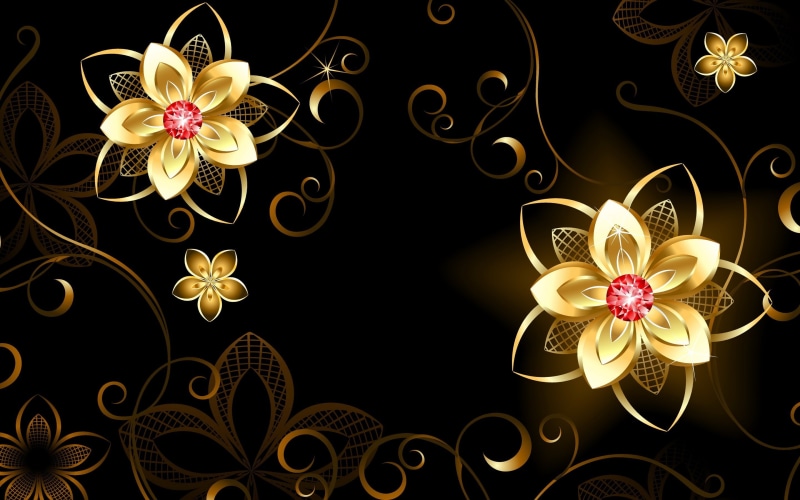 2K, picture, pebbles, flowers, abstraction, printed, black, gold, flower