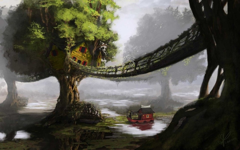 treehouse, fantasy art, 1080P, boat