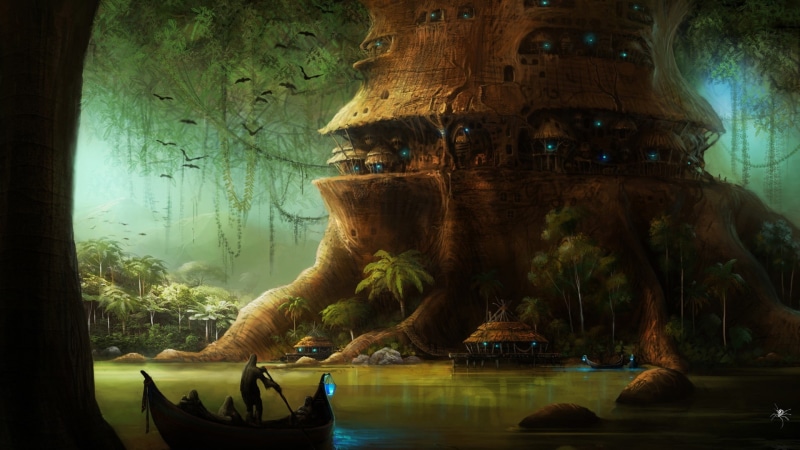 dark, 1080P, house, digital art, birds, artwork, plants, fantasy art, trees, boat, lights, treehouses, forest, science fiction, river