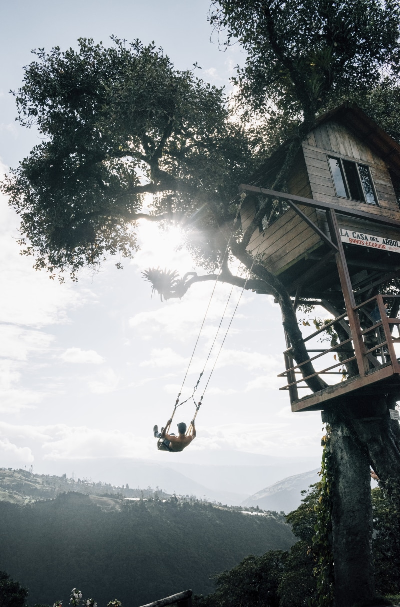 transportation, no people, beauty in nature, plant, overhead cable car, banos, building exterior, treehouse, landscape, la casa del arbol, nature, sky