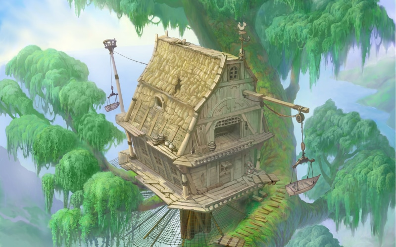 Kingdom Hearts, treehouses, building, built structure, tree, belief, low angle view, spirituality, 1080P, nature, no people, day, Tarzan, leaf, outdoors