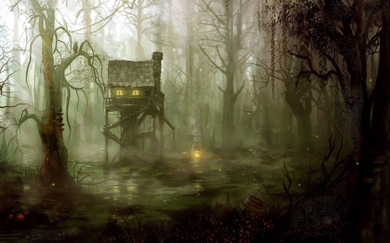 holiday, halloween, nature, 3d and abstract, creepy, gothic, dark, spooky, 1080P, treehouse, pumpkins, forest