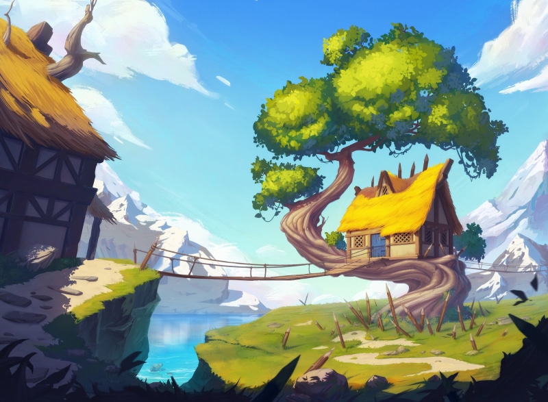 trees, 1080P, spike, hut, drawing, treehouses, landscape, digital art, Ivan Gonchar, ArtStation, house, treehouse