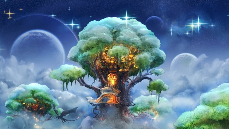 Treehouse, sky, dragon, fantasy Art, 1080P, Trees, space