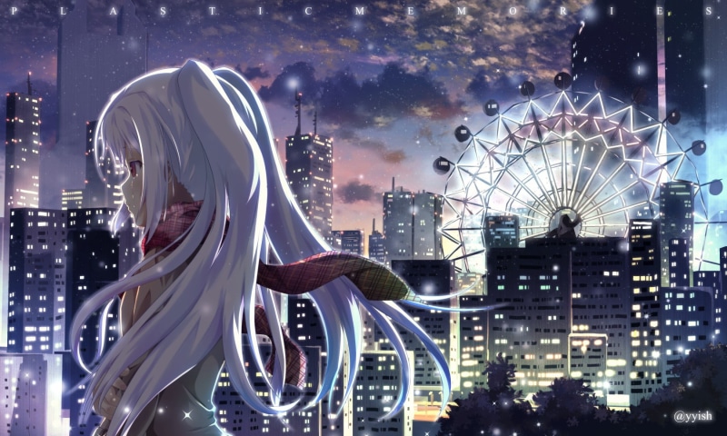 illuminated, office building exterior, architecture, amusement park, tears, motion, building exterior, cityscape, city, nature, no people, white hair, anime