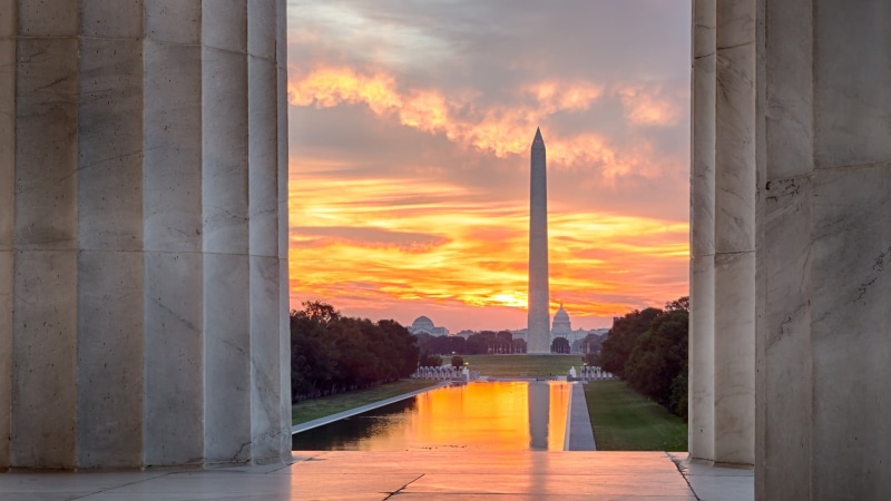 Washington, Washington Monument, reflection, Lincoln Memorial, trees, 1080P, building, USA, monument, D.C., column, city, washington, architecture, sunset