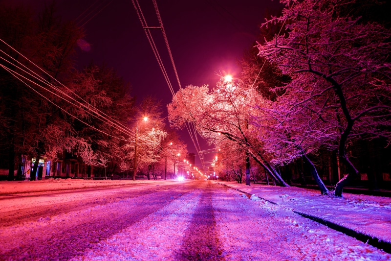 night, siberia, sidewalk, night time, plant, christmas, on the street, fog, outdoors, frosty city, tree, moscow, 5K, winter, transportation, trees, direction