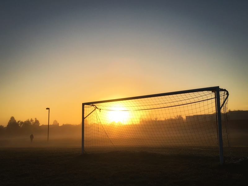 mobile, football, sun, iphone, goal post, soccer field, nature, canada, team sport, sunset, 2K, early, soccer, morning, field, grass, sports equipment