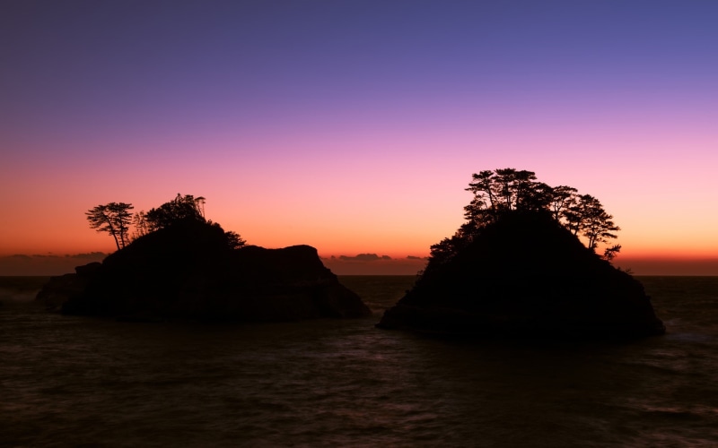 Japan, Sea, Rocks, 1080P, Sunset, Prefecture, Purple, Trees, Evening, Shizuoka, Sky