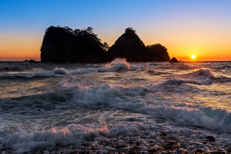 Shizuoka Prefecture, solid, Earth, orange color, aquatic sport, outdoors, Boulder, Wave, Nishi Izu, surfing, scenics - nature, sun, Japan, power in nature