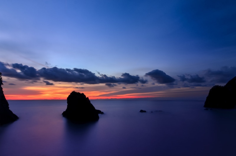 Island, Orange, tranquility, Blue, sea, tranquil scene, no people, Clouds, Calm, cloud - sky, beauty in nature, scenics - nature, Cliffs, Beach, dusk, rock - object
