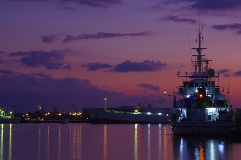 fishing port, shizuoka prefecture, japan, night, sunset, industry, reflection, port, cloud - sky, machinery, illuminated, sea, nautical vessel, fishing boat
