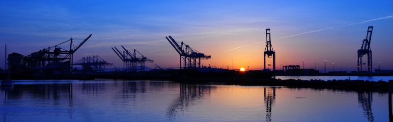 dual monitors, cranes (machine), multiple display, 4K, sunset, ports