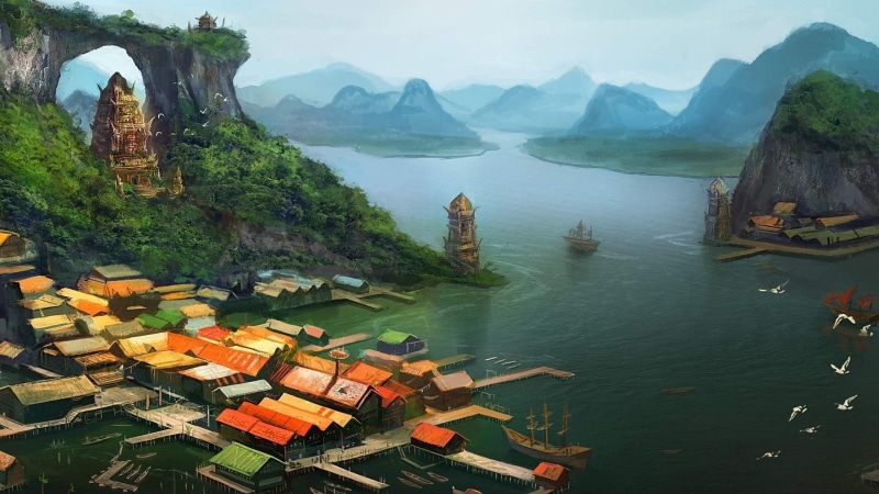 ship, village, Trees, house, painting, birds, digital art, tower, Asian Architecture, pier, nature, architecture, mountains, 1080P, fantasy Art, lake