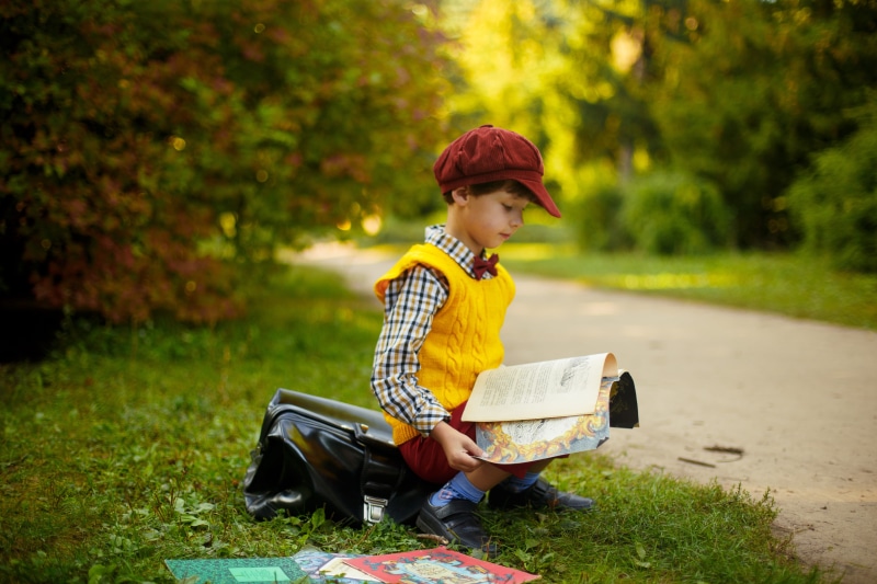 boys, kid, land, forest, park, cute, kids, men, laugh, glade, tree, one person, book, casual clothing, vintage, leisure activity, sitting, books, smiling