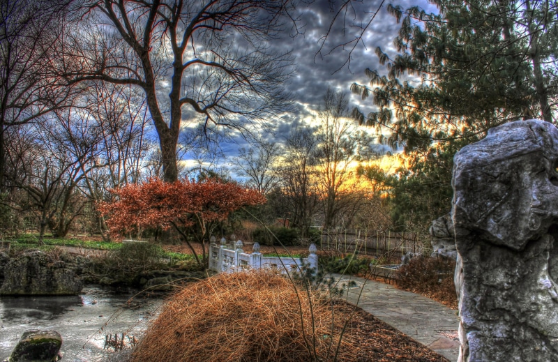 sunset, flowing water, cloud - sky, non-urban scene, tranquil scene, Landscape, sky, plant, lake, forest, water, path, walkway, autumn, Footbridge, outdoors