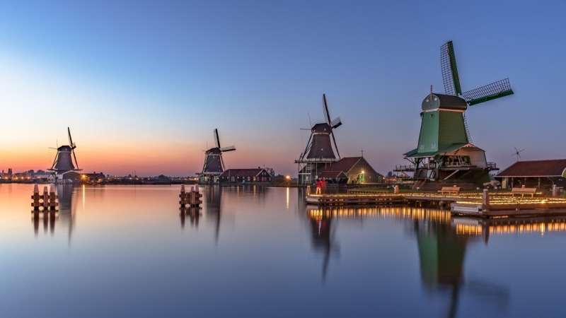 zaanse schans, tourist attraction, 1080P, mill, windmill, reflection, netherlands, windmills, canal, energy, zaandam, calm