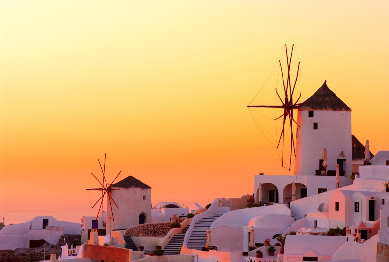 travel, sky, mediterranean Sea, house, orange color, white, europe, scenics, sunset, cultures, wind, Oia, 5K, greek Culture, sunlight, mill, Santorini
