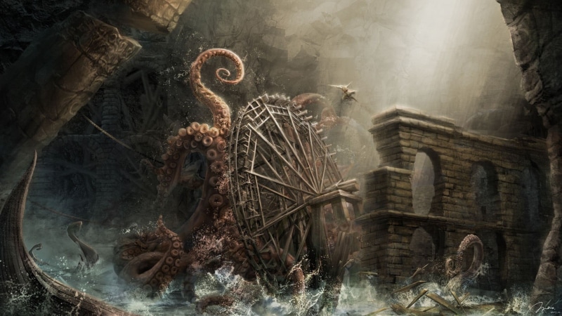 octopus, mill, fantasy art, artwork, tree, deterioration, plant, history, architecture, water, 1080P, abandoned, tentacles, obsolete, ruined, Kraken, nature