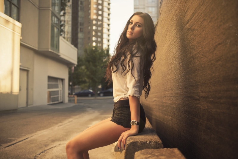 dress, young adult, real people, women, brunette, young women, Michelle Mills, outdoors, portrait, beauty, legs, shorts, white, long hair, sitting, leisure activity