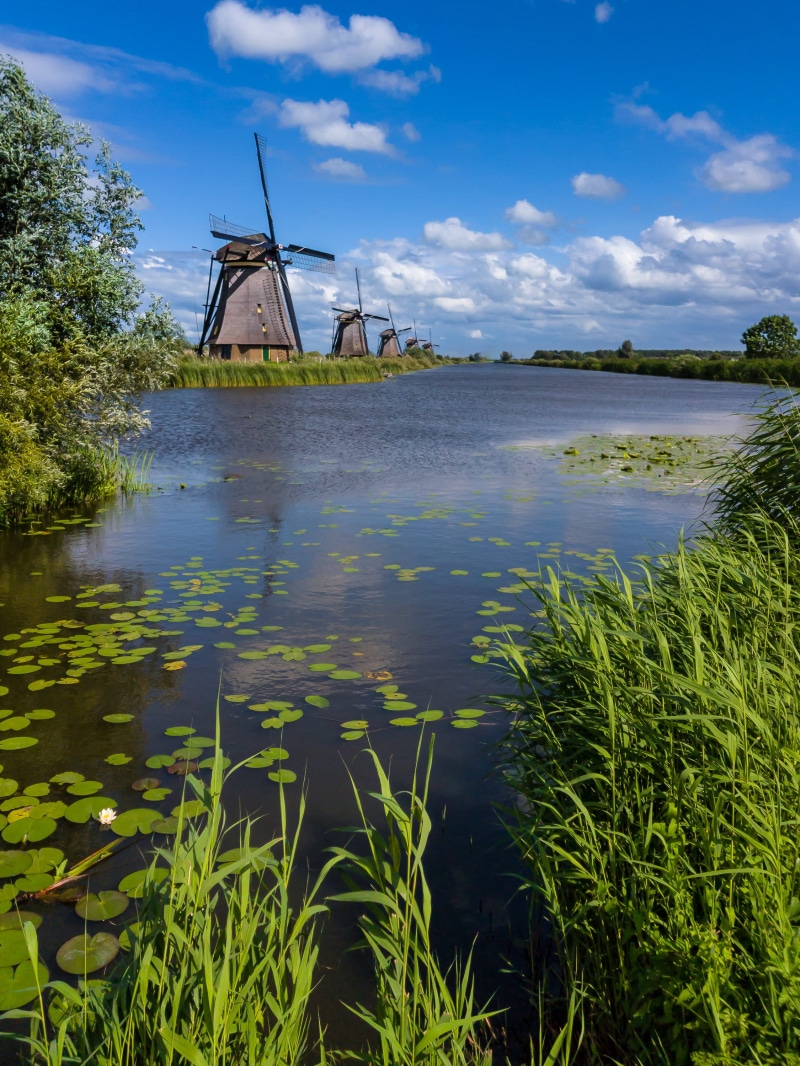 2K, turbine, dutch, canal, built structure, beauty in nature, environment, wind turbine, plant, alternative energy, cloud - sky, river, kinderdijk, no people