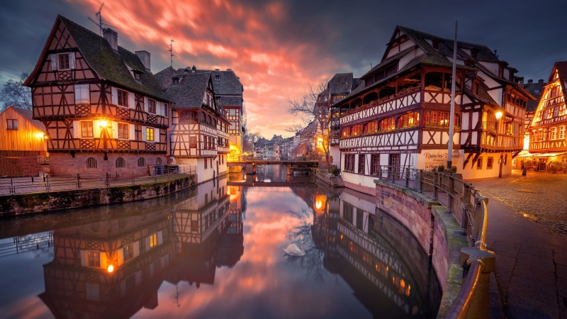 river, city, cityscape, lights, reflection, clouds, Strasbourg, building, street, 1080P, sunset, house, old building, architecture, bridge, evening, France