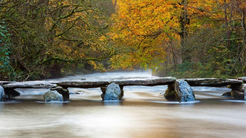 fall, change, no people, tranquil scene, idyllic, rock, bridge, landscape, water, outdoors, stones, beauty in nature, Tarr Steps, scenics - nature, branch