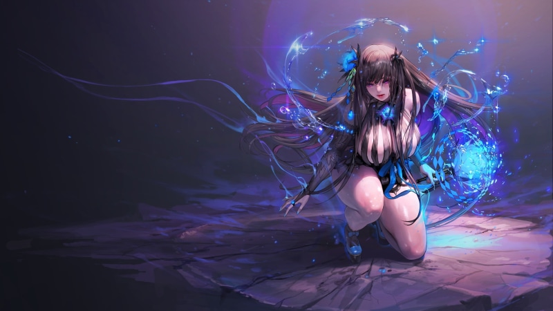 female, hair, blue, young women, oriental, illuminated, mahou, asian, asiatic, water, purple, illustration, long hair, front view, indoors, women, night