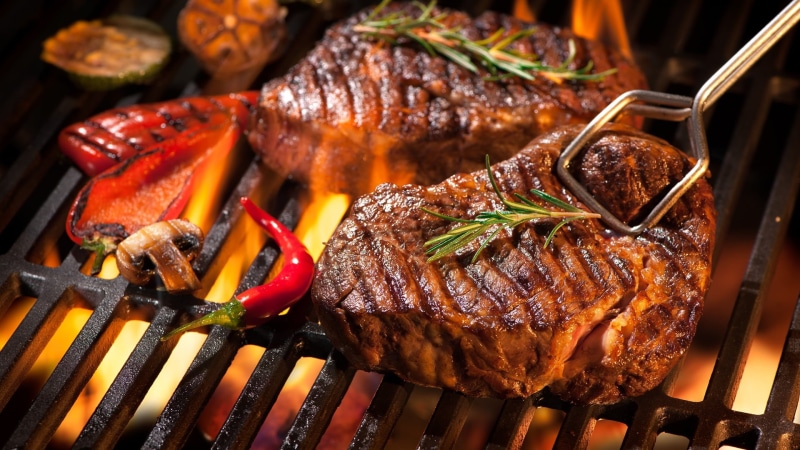 grill, vegetables, steak, 1080P, meat, fire