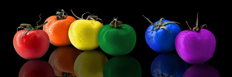 panoramic, green color, tomato, studio shot, 4K, rainbow, no people, celebration, colorful, assorted, color, fruit, wellbeing, rainbows, group of objects