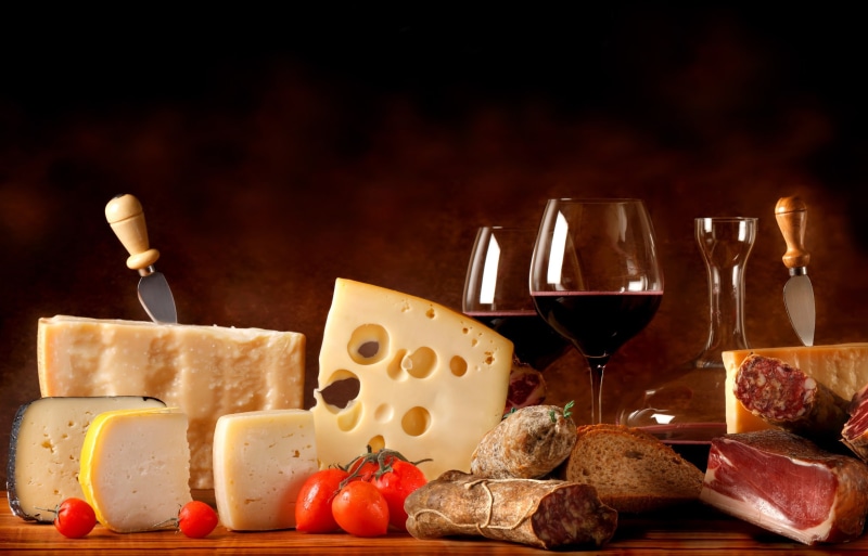 meat, cheese, bread, wine, tomatoes, 1080P, food