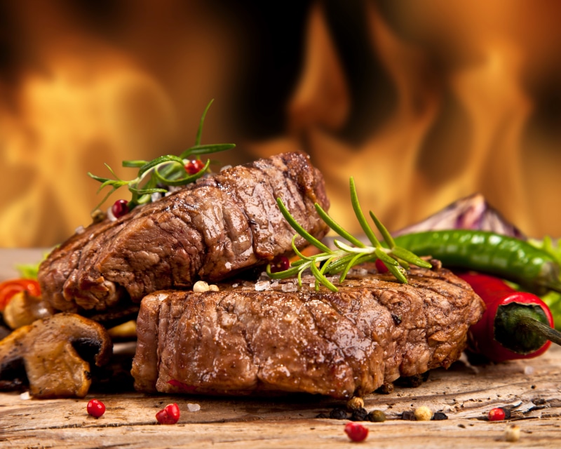 Meat products, barbecue, table, still life, meat, Food, rosemary, ready-to-eat, herb, ripe, Pepper, indoors, red meat, 4K, close-up, food and drink, focus on foreground