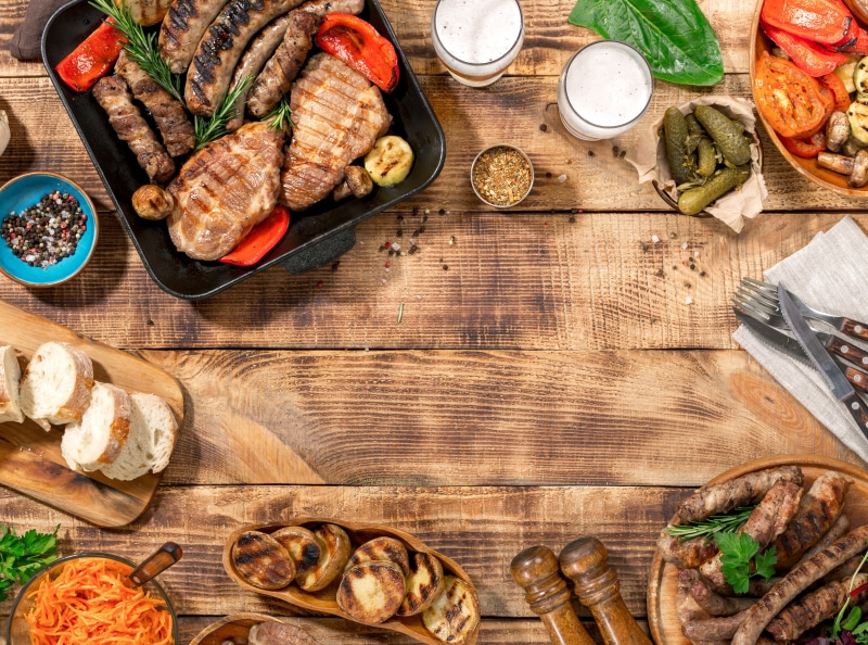 grill, 4K, meat, wood, meats, sauce, grilled, vegetables, BBQ, bread
