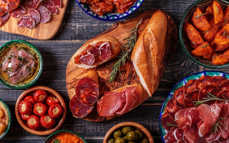 vegetables, snack, food, no people, food and drink, meats, wood - material, beef, sausage, processed meat, pork, herb, french food, large group of objects