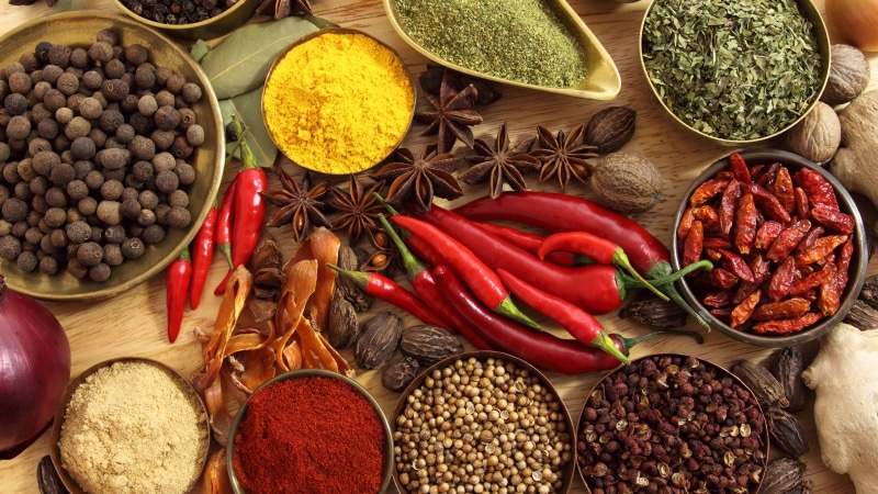 brown, basil, 4K, chilli, cinnamon, surface, pepper, Spices, variety, nutmeg