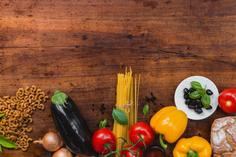eat, vitamins, bread, kitchen, pepperoni, ingredients, parsley, wellbeing, healthy, herbs, noodles, fruit, 5K, preparation, high angle view, eggplant