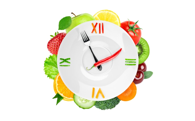 food and drink, clock, red, healthy eating, geometric shape, table knife, plate, creative, white background, creativity, 5K, arrows, pepper, indoors, studio shot