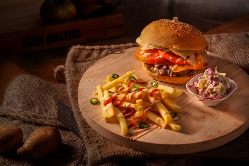 fruit, wood, bread, 5K, lunch, french fries, cheese, salad, meat, meal, cuisine, food, fries, food and drink, wooden, dinner, delicious, freshness, sack