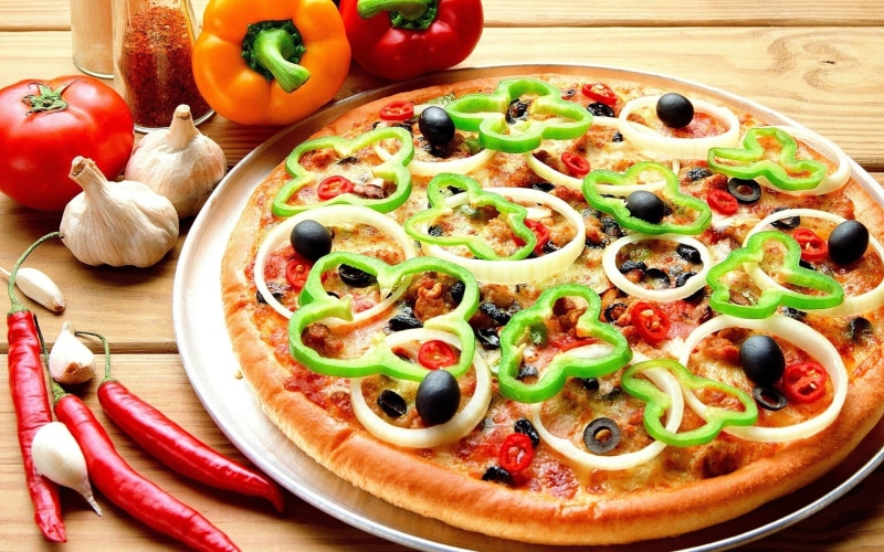 indoors, 1080P, pepper, chilli peppers, no people, food, dairy product, ready-to-eat, peppers, cheese, tomatoes, table, vegetable, plate, italian food