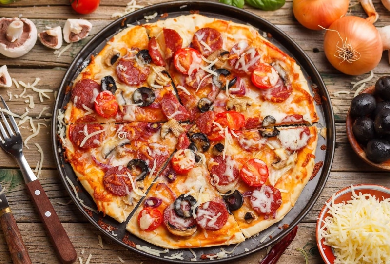 fruit, top view, table, still life, tomato, fast food, dairy product, italian food, directly above, temptation, close-up, baked, olive, freshness, vegetable