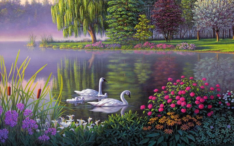  hd, flowers, swan, lake, trees, 1080P, art, landscape