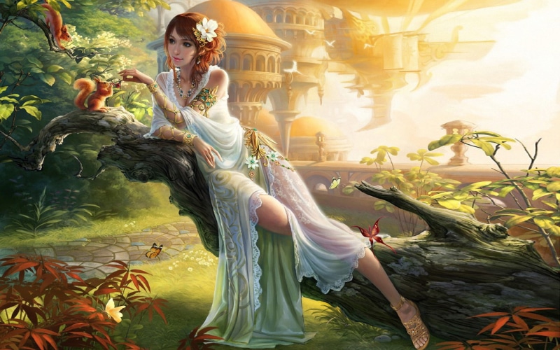 princess, 1080P, flower, dress, art, hair, white, castle, beautiful, garden, hd, fantasy, girl,