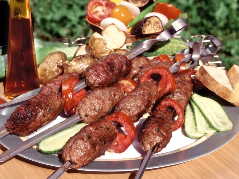 cooking, meat, ready-to-eat, kitchen utensil, cooked, food, shish kebab, sausage, glass, tomato, dinner, focus on foreground, steak, no People, fork, barbecue