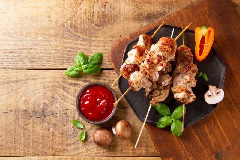 high angle view, still life, plant part, vegetables, meal, herb, leaf, barbecue, meat, indoors, ready-to-eat, garnish, healthy eating, kebab, wellbeing